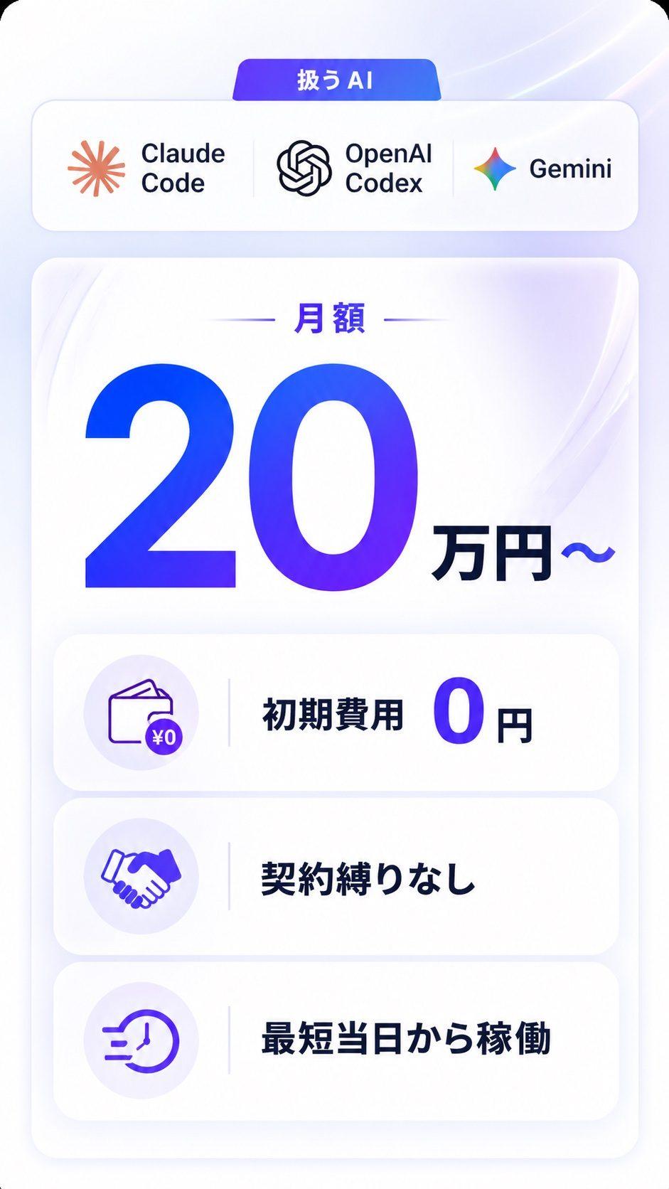 扱うAI: Claude Code・OpenAI Codex・Gemini／月額20万円〜・初期費用0円・契約縛りなし・最短当日から稼働