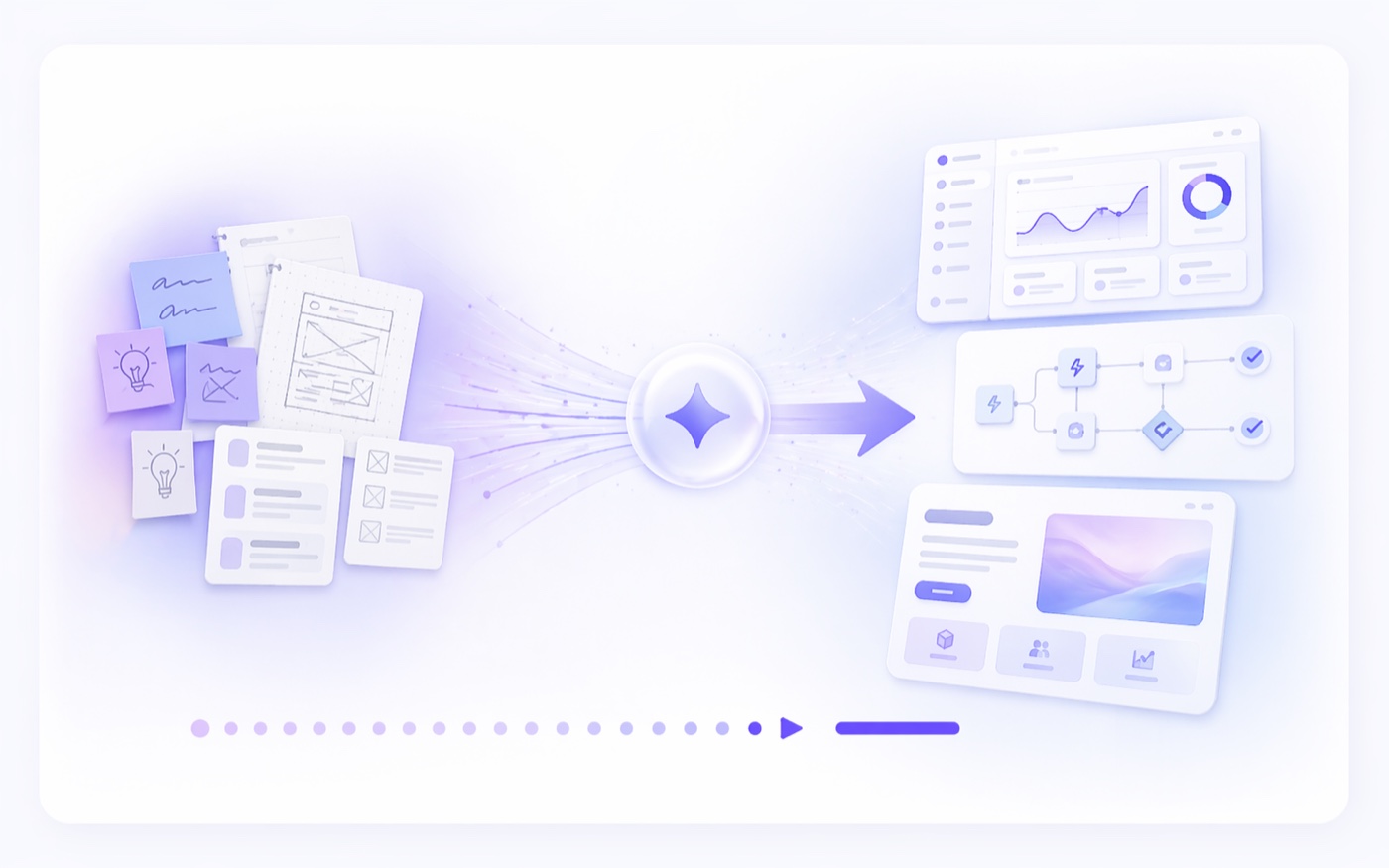 アイデアやラフがAIを通じてダッシュボードやUIへ高速に形になる様子